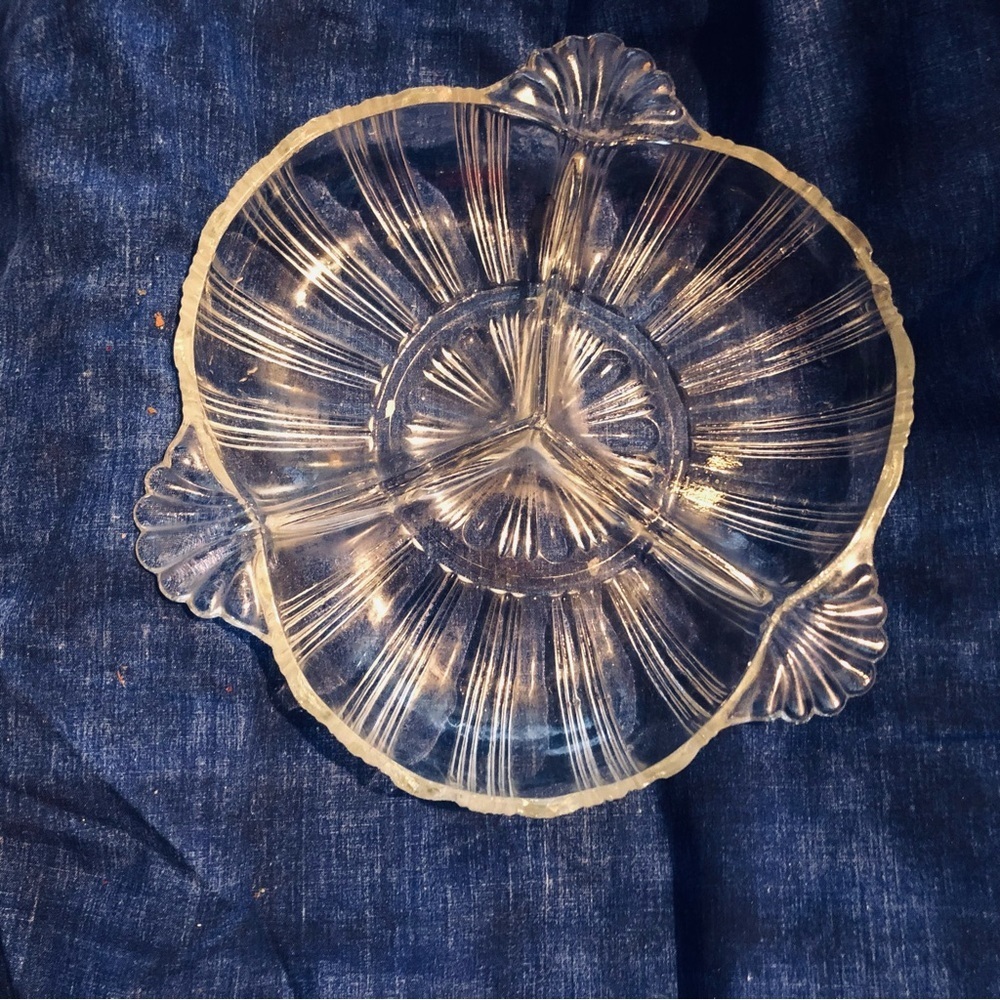 Vintage 3 section glass dish by Hazel Atlas Ridges and Fans pattern 572